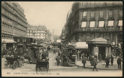 Postkarte, die die Rue Saint-Lazare in Paris zeigt, ca. 1900 von French Photographer